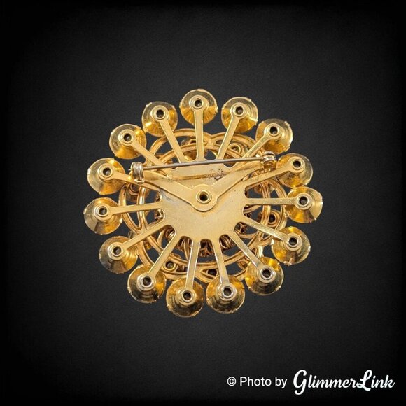 Vintage Floral Round Layered Aurora Borealis Rhinestone Riveted Gold Tone Brooch - Picture 5 of 8